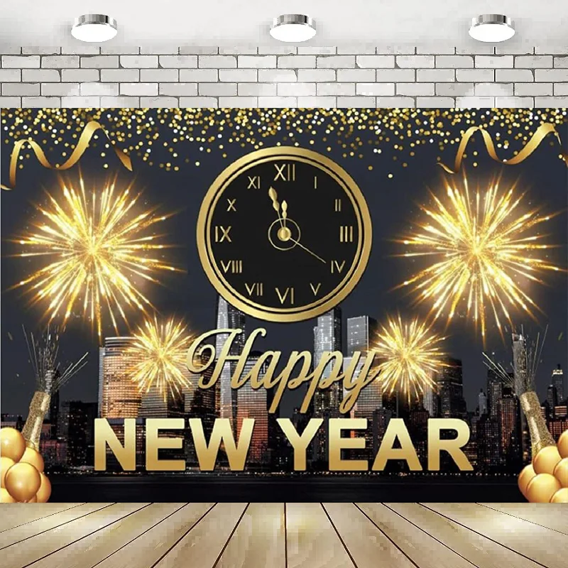 

Happy New Year 2023 Photography Backdrop City View Fireworks Gold Glitters Clock Countdown Coming Background Party Banner Decor