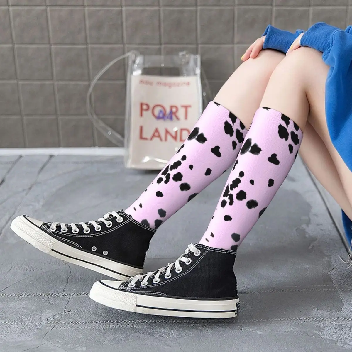 

Pink Dalmatian Print Socks Polka Dots Quality School Mid Stockings Large Chemical Fiber Teenage Retro Socks