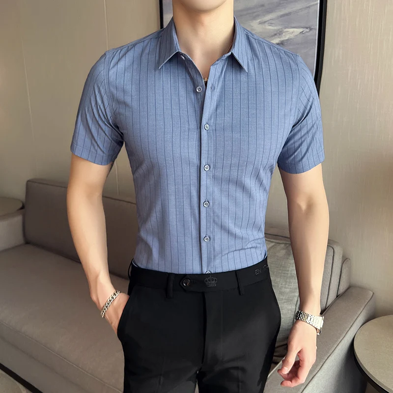 

2022 Summer New Men Short-sleeved Striped Shirts High-quality Simple All-match Fashion Business Casual Dress Shirt Mens Clothing