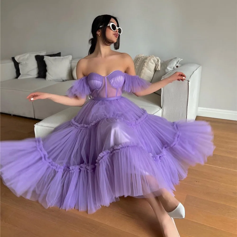 

2023 Off The Shoulder Tiered Abkle Length Sweetheart Evening Party Gowns Formal Graduation Dress Purple Prom Dresses