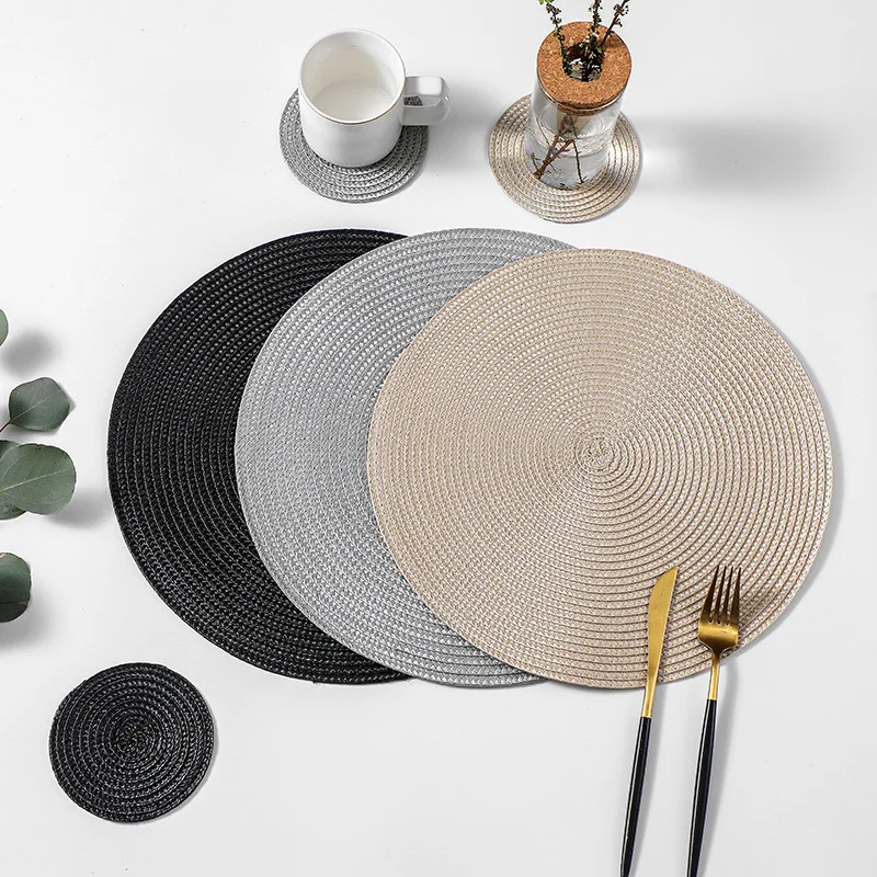 

Nordic Style Round Hollow Pp Woven Placemat Coaster Hotel Table Insulation Mat Pure Color Western Placemat