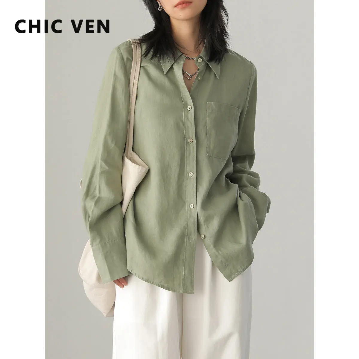 

CHIC VEN Women Shirt Solid Loose Linen Long-sleeved Women's Blouse 2023 Trend for Girls Spring Summer