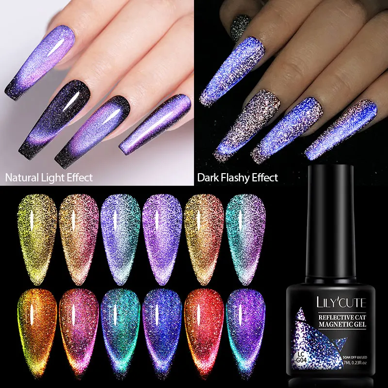 

LILYCUTE 7ml 9D Reflective Cat Magnetic Gel Nail Polish Flowing Glitter Magnetic Semi Permanent Soak Off UV Gel Nail Art Gel