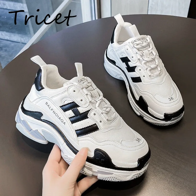 

Thick Bottom Sneakers For Women Comfortable Lace Up Ladies Breathable Mesh Shoes PU Patchwork Daddy Shoes New Female Sport Shoes