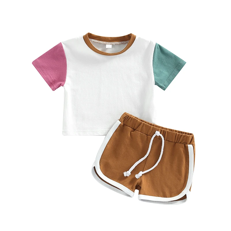 

Bmnmsl 2Pieces Baby Suit Set Contrast Color Round Neck Short Sleeve T-Shirt+ Tie-Up Shorts for Summer, 0-24 Months