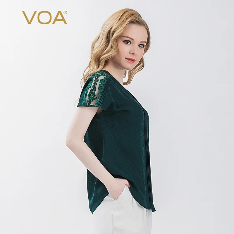 

VOA Dark Green Silk Jacquard Round Neck Organ Pleated Shoulder Hollow Embroidered Mesh Short Sleeve Freehand Bat Shirt women B52