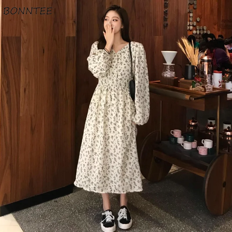 

Floral Dresses Women S-3XL French Style A-line Fashion Ulzzang Spring Long Sleeve Vintage Princess Temperament Ladies Classic