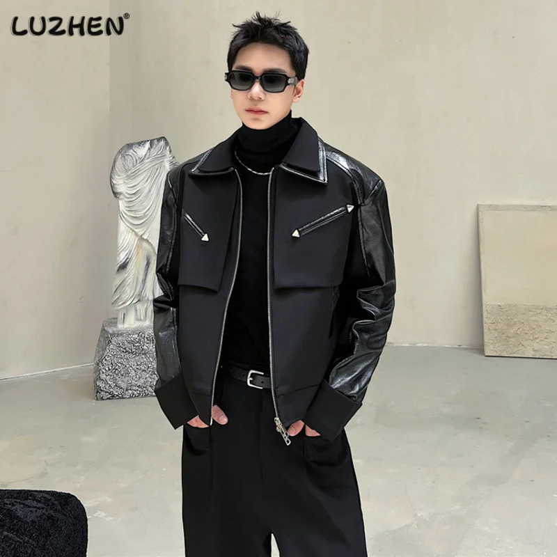 

LUZHEN Spliced Pu Leather Jackets Dark Ruffian Handsome Clothing Double Neckline Niche Design Korean Style Fashion Coat Bae4e0