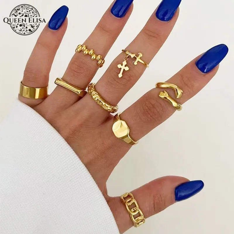 

Vintage Style Cross Shape Geometric Ring Set Female Metal Material Exaggerated Effect Fashion Jewelry