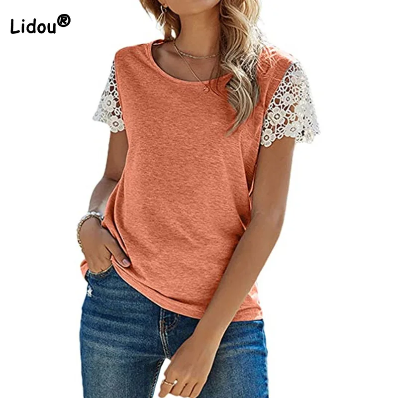 

Fashion Streetwear Lace Patchwork Short Sleeve Crew Neck Solid Color Simplicity Summer Clothes for Women Loose Pullover T-Shirt