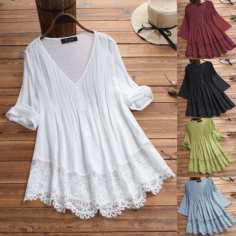 

Womens Cotton Linen Lace V-Neck Tunic Tops Ladies 3/4 Sleeve Casual Shirt Blouse Pullover T-Shirt Blouse Tunic Tops Tees Boho