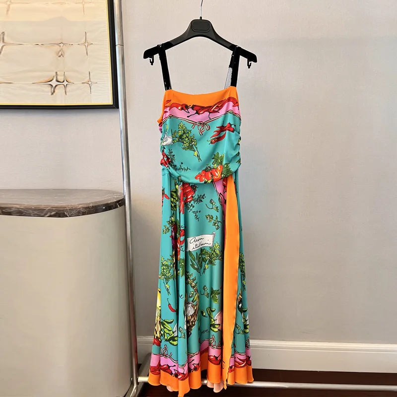 

High Quality Women's Dress Vegetable Chili Print Sexy Split Holiday Mid Length High End Slip Dress Summer