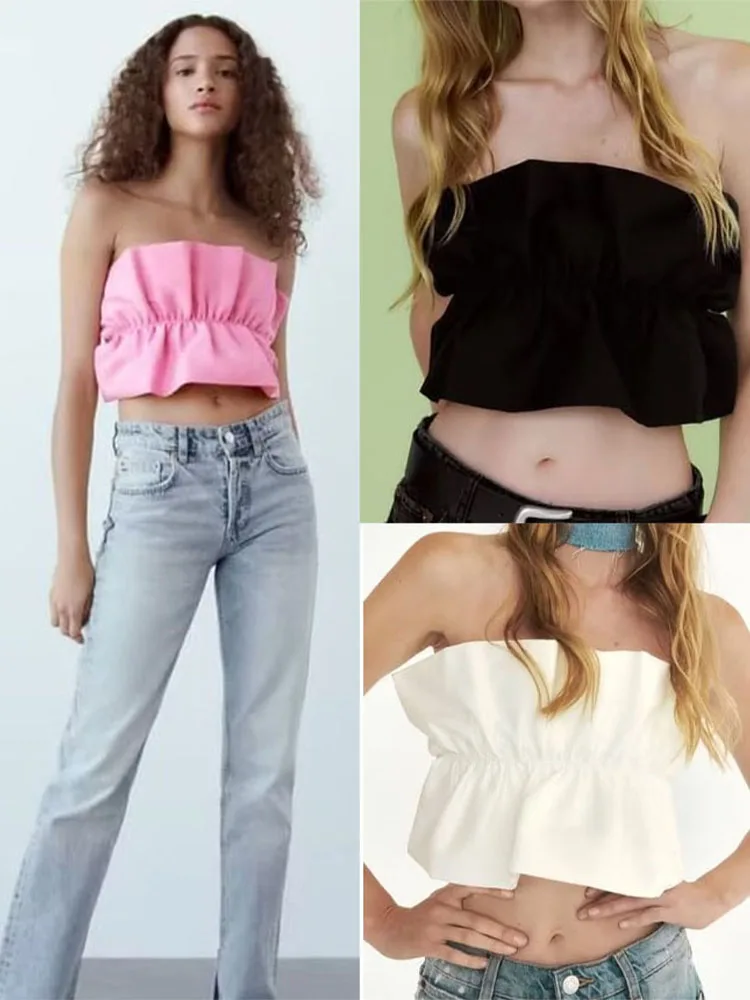 

Summer new women's fashion design off shoulder straight neck pleated embellished stretch wrap top