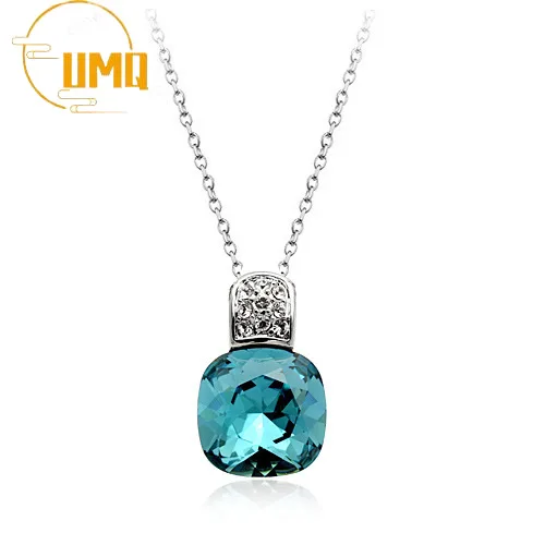 

High Quality Square Lady Green Crystal Jewelry Women Fashion Girls 925 Sterling Silver Necklace Clavicle Gold Pendant with Chain