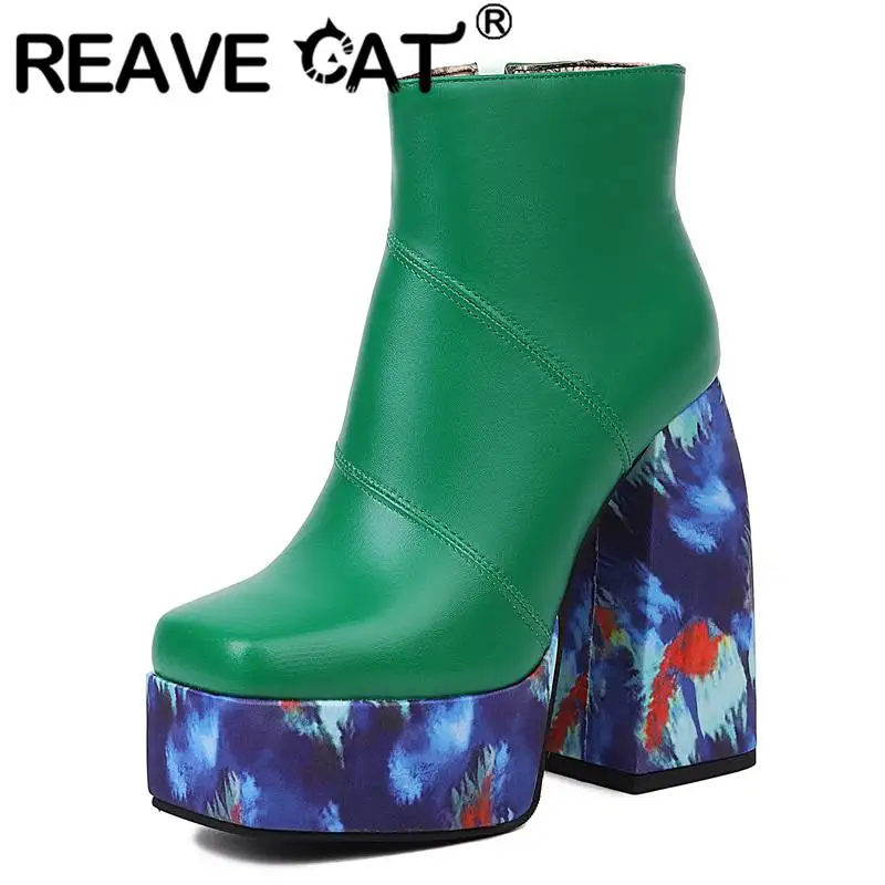 

Женские ботильоны с квадратным носком REAVE CAT, дизайнерские полусапожки на высоком блочном каблуке 14 см, привлекательные полусапожки разных цветов на платформе и молнии