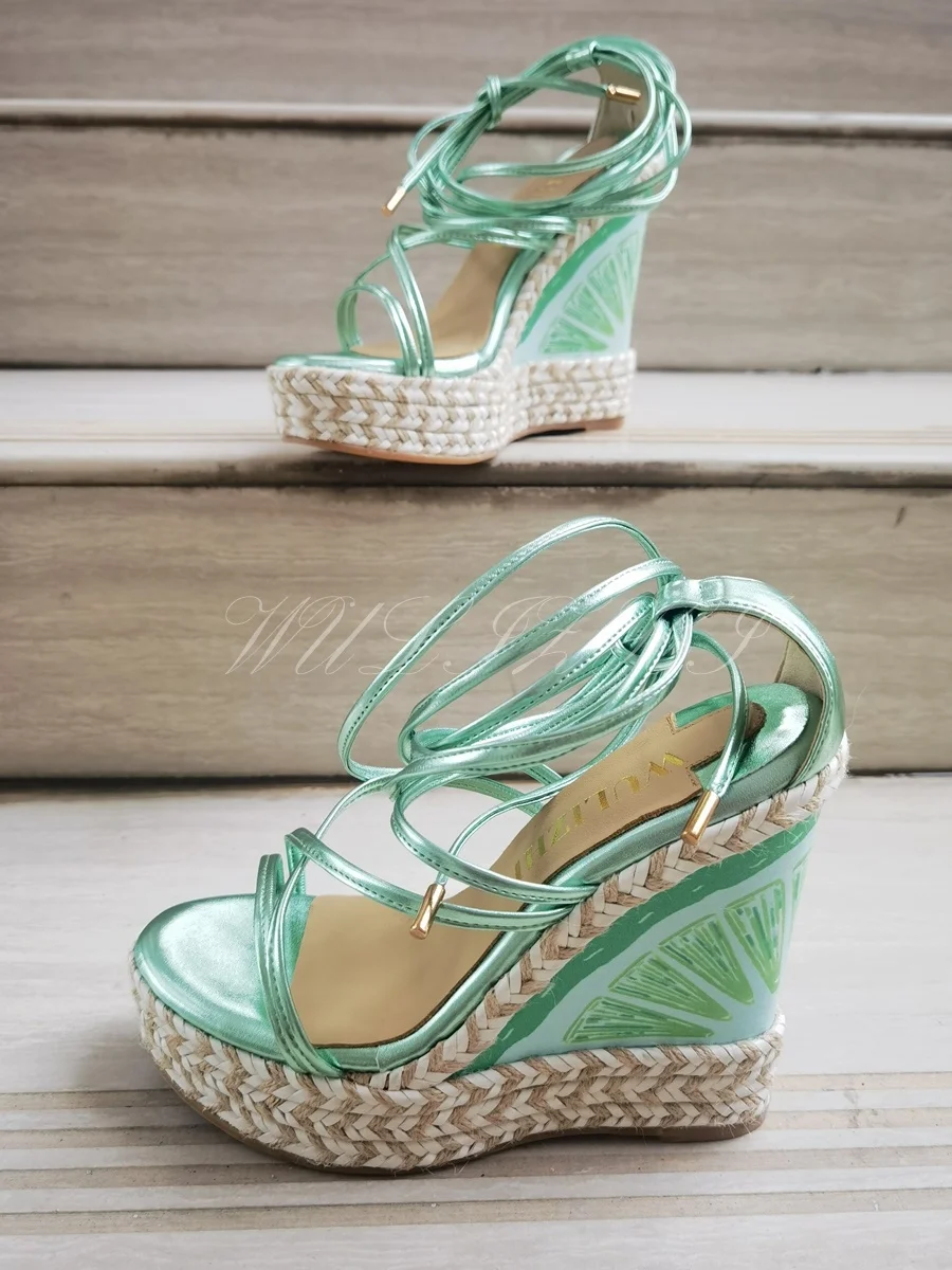 Watermelon Pink Bling Graffiti Wedge Sandals Multicolored Espadarille Leather Wrap Strappy Sandals Platform Riband Round Shoes