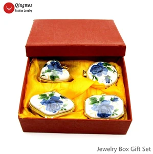 Qingmos 1 комплект (4 шт.) синяя китайская керамическая многофункциональная коробка для ювелирных изделий с коробкой 1,5 дюйма подарочный набор фарфоровая шкатулка