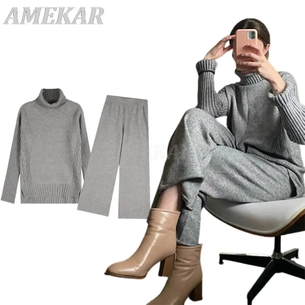 

Women's Autumn Winter Soft Knitted Suits 2 Piece Set Female Warm Turtleneck Sweater Pullovers Wide Legs Pants Suit Office Lady