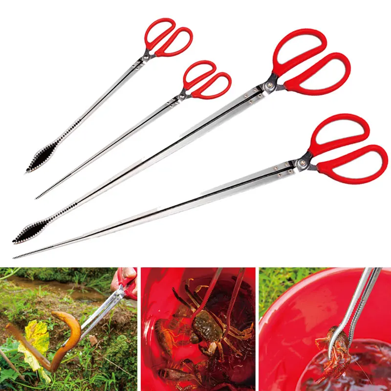 

Multi-function Stainless Steel Tongs Red Handle Anti-slip Tooth Clamp of Outdoor Sea Crab Ricefield Eel Fishing Catch Tool