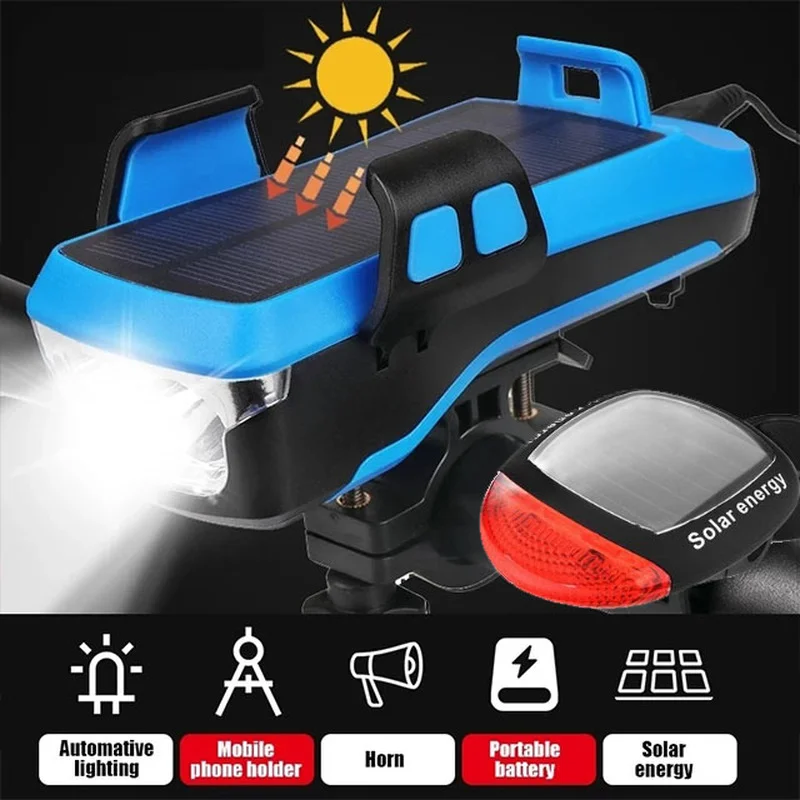 

New Multifunction Bike Light With Phone Holder Bicycle Highlight USB Rechargeable Solar Horn Lamp 4000mAh Power Bank Flashlight