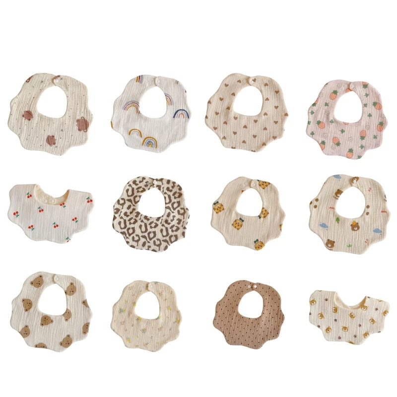 

67JC Baby Burp Cloths Cotton Bibs Cute Print Newborn Bib Adjustable Snaps Bib Petal Edge Bib Comfortable Newborn Nursing Bib