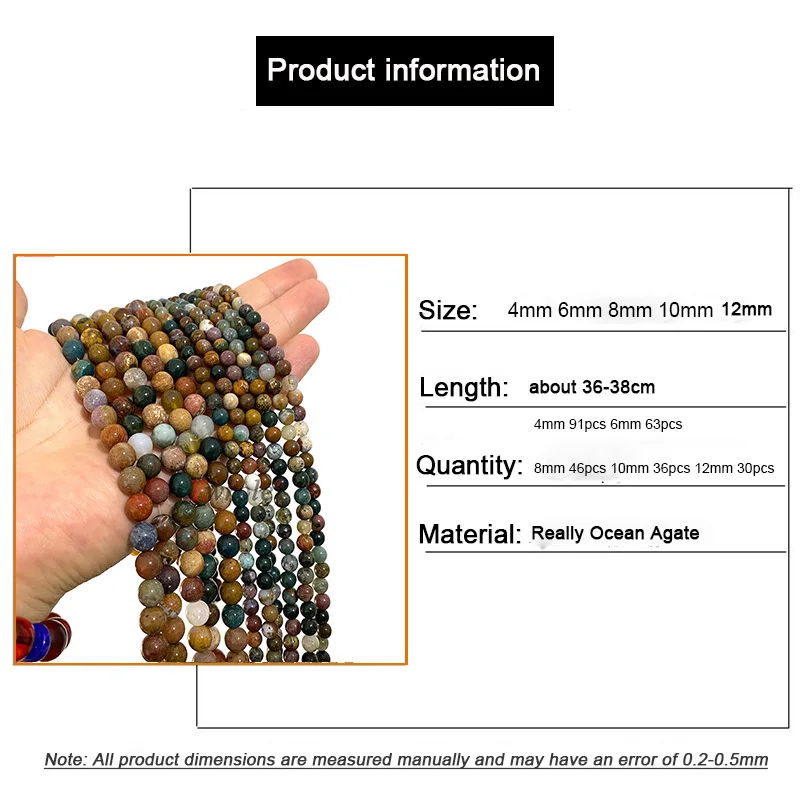 Natural Really Ocean Agate Stone 15'' Smooth Loose Round Beads For Jewelry Making DIY Bracelet Charms Accessories 3 4 6 8 10MM