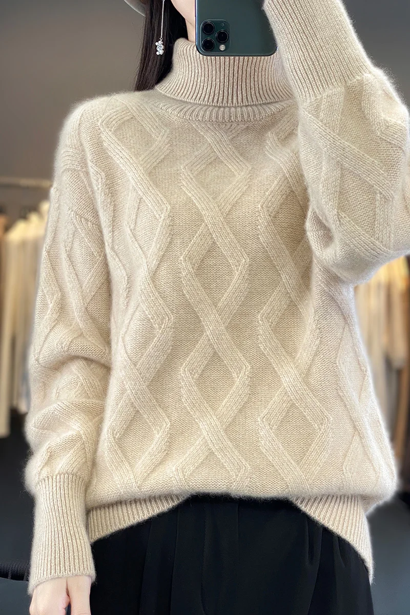 Новинка Осень-Зима 100% чистый шерстяной Свободный пуловер с высоким воротником