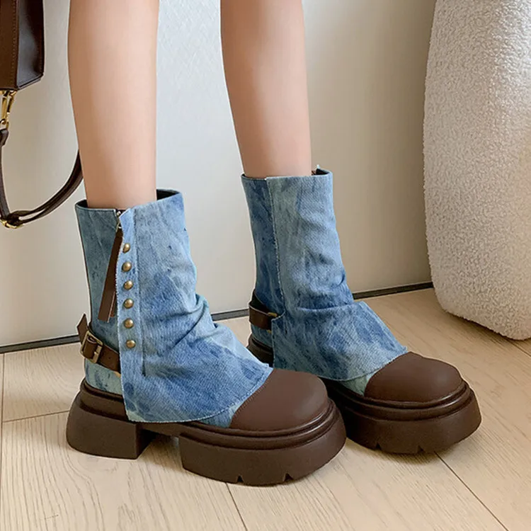 

New Fashion Women Short Boots Platform Blue Denim Cowboy Botas Thick Sole Rivets Stud Riding Botines Black Suede Chaussure Femme