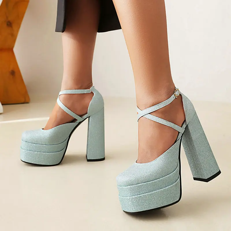 

Gold Silver Blue Ladies Spring Summer Fashion Flash Platform Shoes Female One-Line Buckle Banquet Sexy High Heel Women's Shoes