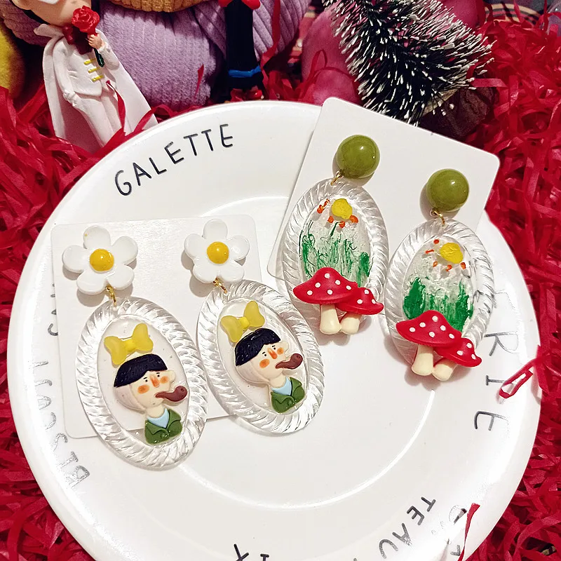 

New Glue Dropping Hand-painted Self-made Spring Mushroom Lovely Mr. Van Gogh Earrings Earrings Female