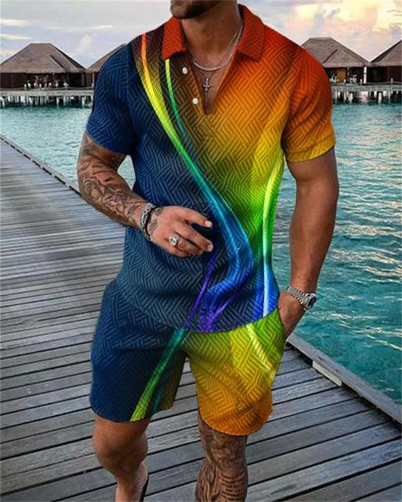New Men's Sports Suit Summer Casual Short Sleeve 3D Printed Polo Shirt And Shorts Suit Two-piece Men's Clothing Oversized Loose