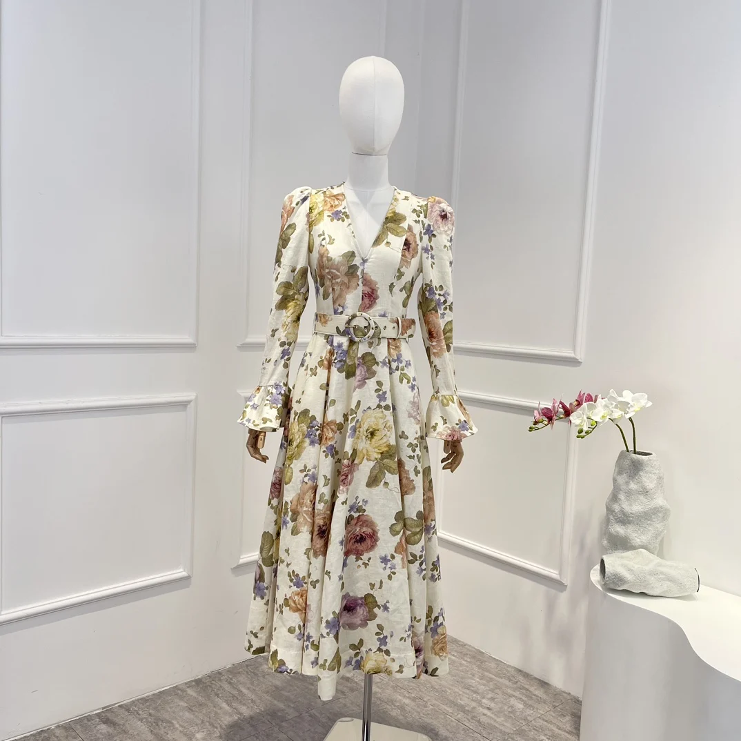 

2023 New Linen Top Quality Summer Vintage Floral Print Long Flare Sleeve Belt Folds Woman Midi Dress