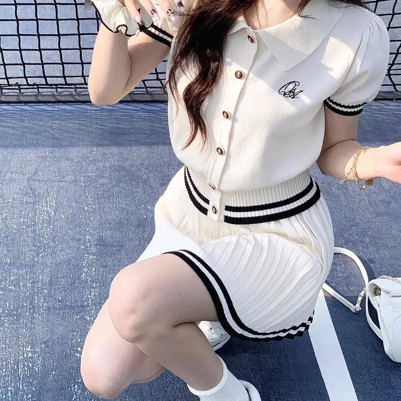 Женский летний вязаный комплект NMZM с воротником-поло юбка модный топ на