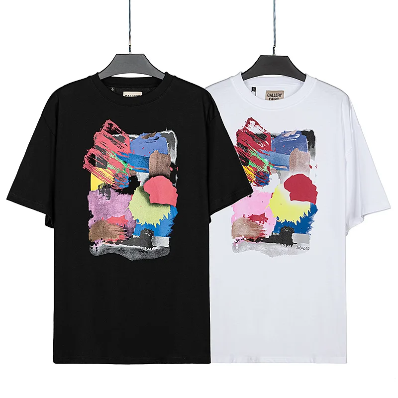 

GALLERY DEPT Abstract Oil Painting T-shirt Summer New Gold Pink Letter Printing Short Sleeve Men's and Women's