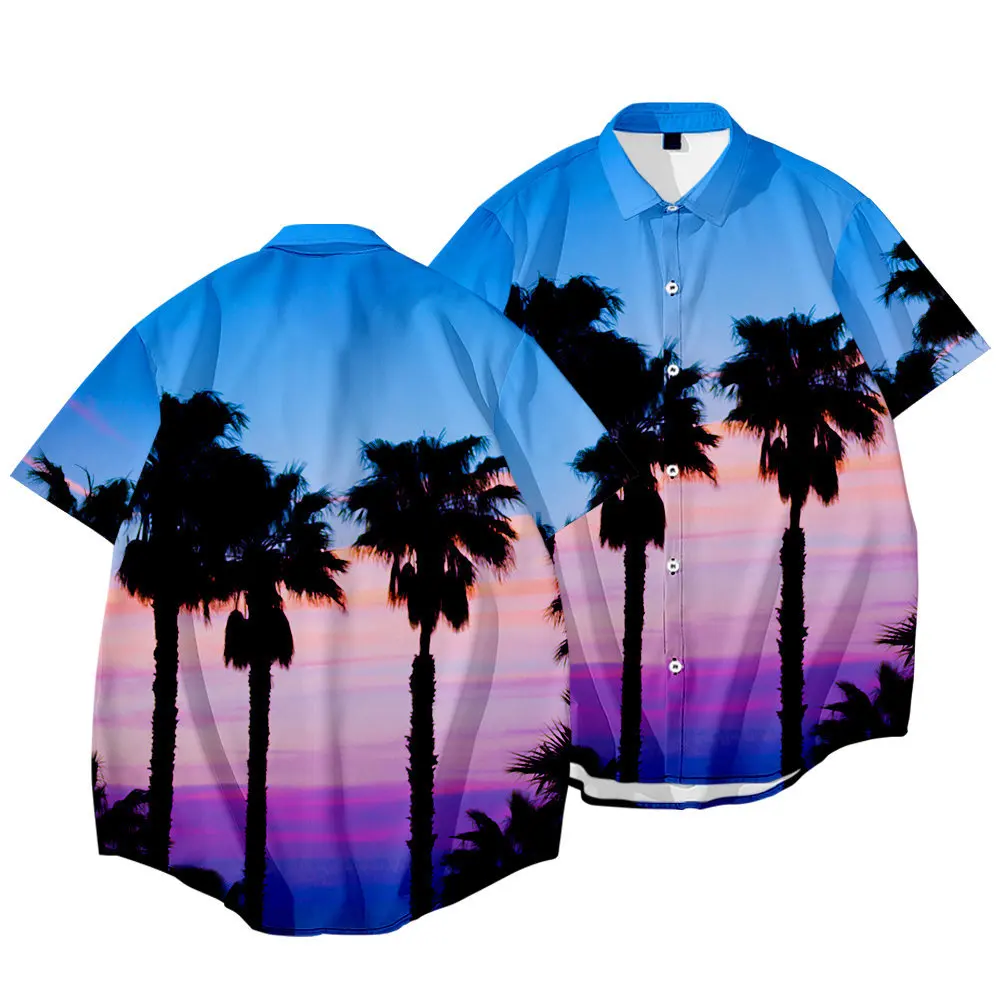 2021 Summer Short-Sleeved Shirt Plus Size Hawaiian Coconut Sunset Print Shirt Men's Top Shirt Casual Beach Shirts Oversize Tops