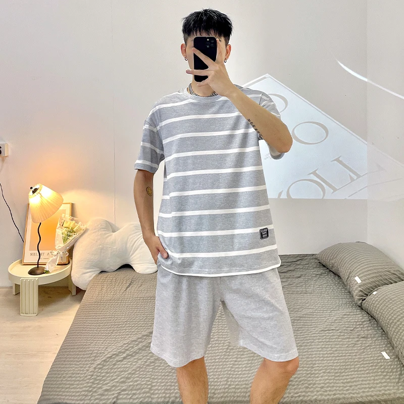Men Cotton Striped Summer Sleepwear Set Classic Gray Casual Home Loungue Confortable Nightwear Pajamas