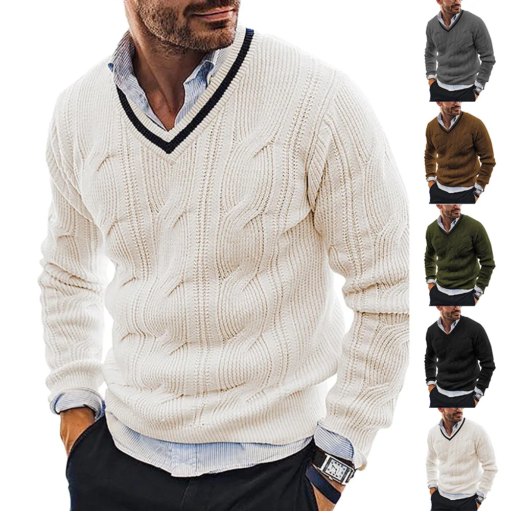 

V Neck Knit Sweater Men Fashion Slim Long Sleeved Pullover Autumn Winter New Male Knit Tops High Quality Men's Clothing