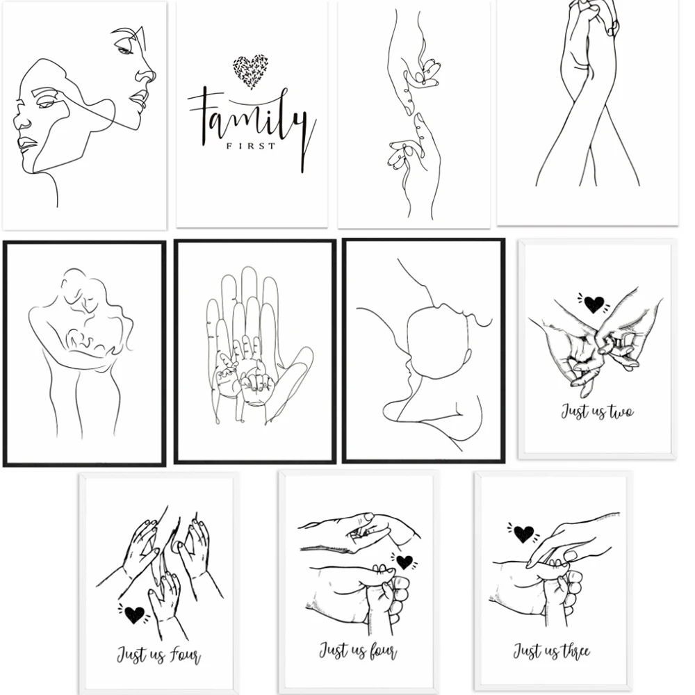 

White And Black Lovely Family Wall Anime Poster Picture Simple Modern Couple Holding Hands Sketch Line Canvas Prints Painting
