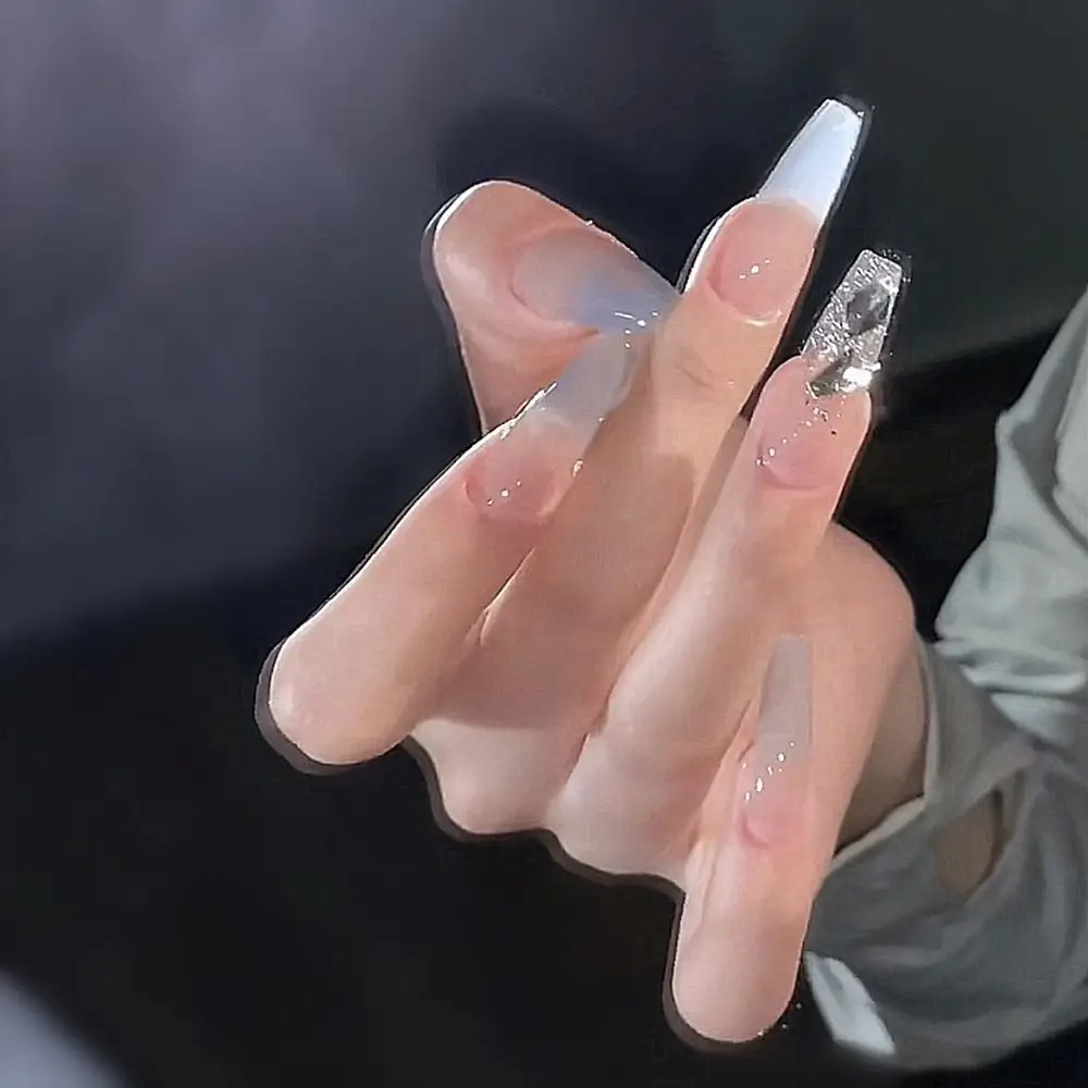 

24pcs Nail Tips Pink Blue Press on Nails Fake Nials Shining Crystal False Nails French LongBallerina