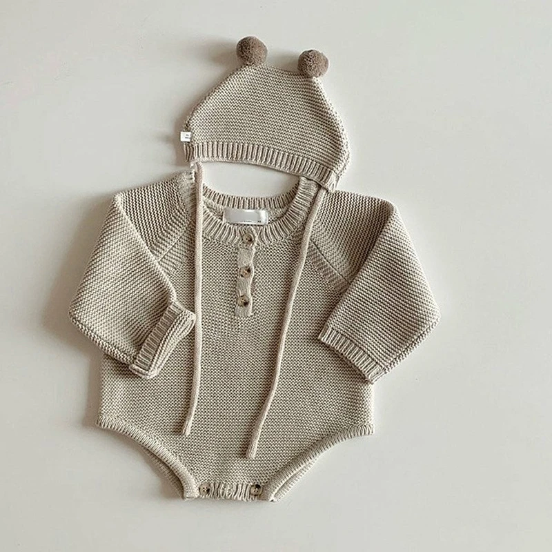 

2022 New Toddler Baby Boys Girls Knitted Bodysuit Autumn Infant Jumpsuit Knitwear Outfits Newborn Baby Sweater + Hat