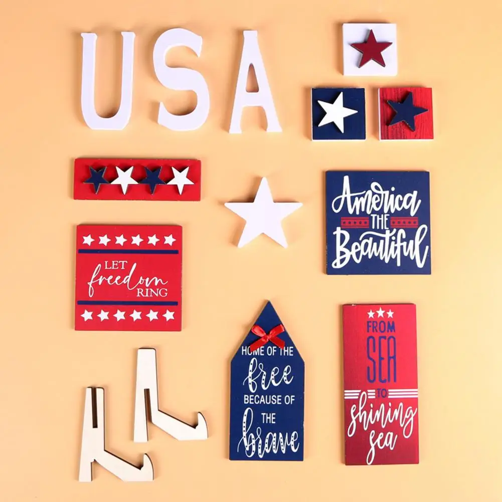 

Independence Day Ornament 1 Set Fashion Eye-catching Reusable Mini Sign Wooden USA Tag Tiered Tray Decoration Home Decor