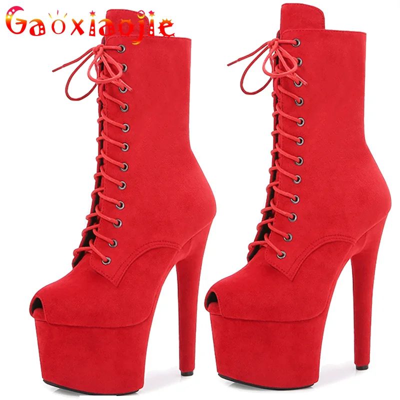 

Женские Ботильоны на каблуке 17 см, ботинки на высоком каблуке и платформе, со шнуровкой и молнией, с открытым носком, обувь для стриптиза, 2022
