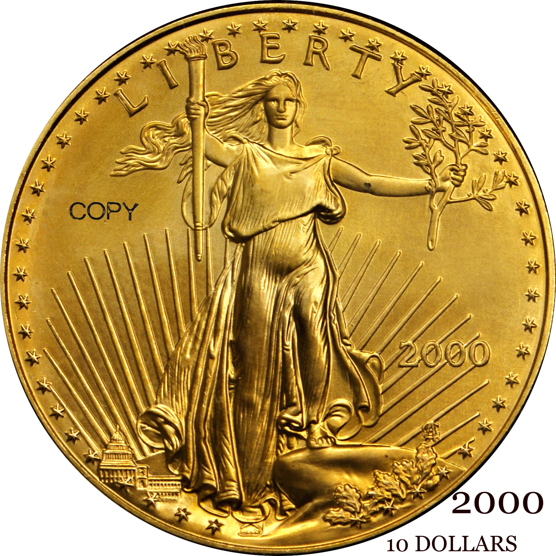 United States US 2000 10 Ten Dollars Quarter Ounce  American Gold Eagle Bullion Coinage USA Liberty Gold Brass Metal Copy Coin