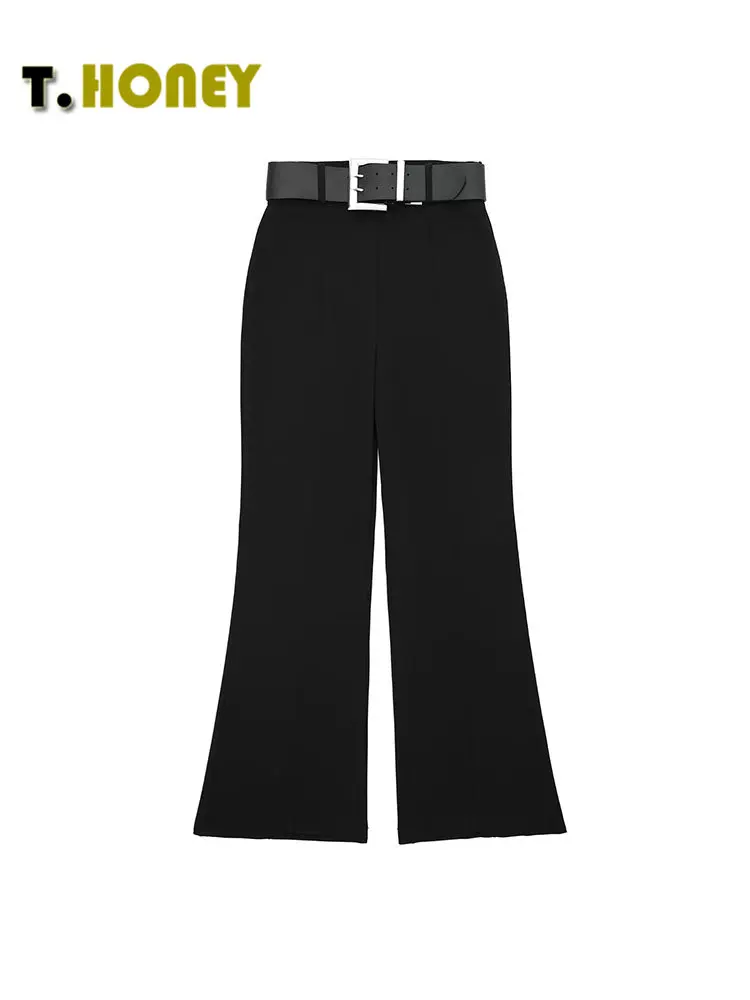 

TELLHONEY Women Fashion Side Zipper With Belt Business Trousers Female Casual Solid Color Loose High Waist Flare Pants