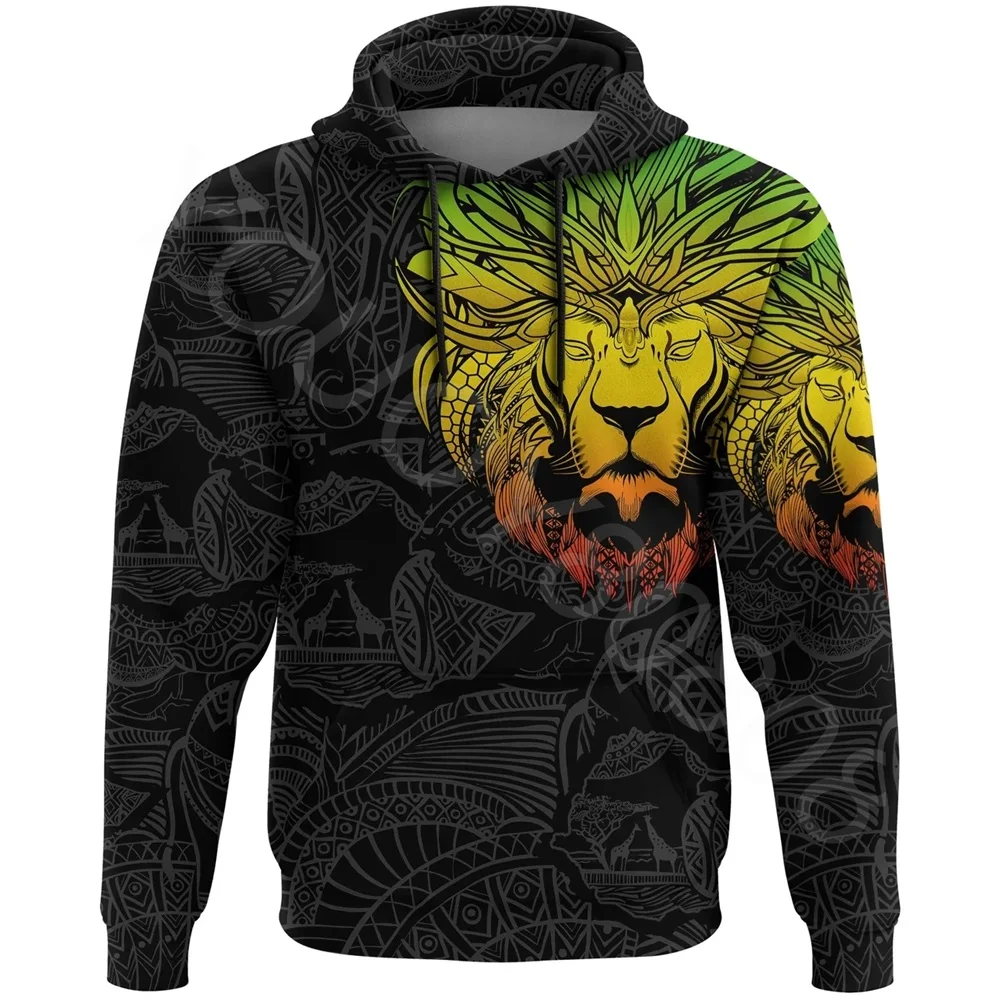 

African Zone Hoodie Men's Round Neck Pullover Sweater Loose Street Print - Ethiopian Lion Pattern African Pullover