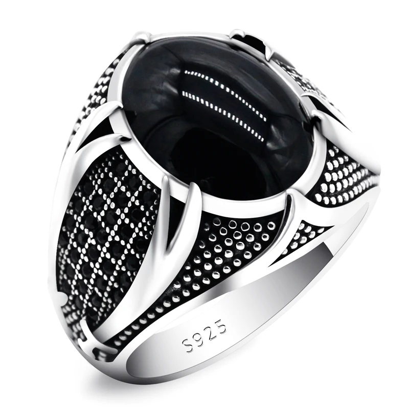 

Muslim Religious High Jewelry 925 Silver Men's Ring Turkey Inlaid Natural Black Agate Ring Gift