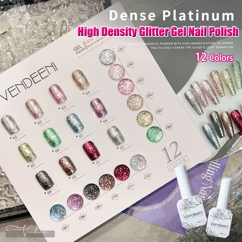 Vendeeni 12 цветов блестящий платиновый гель-лак для ногтей набор высокой плотности