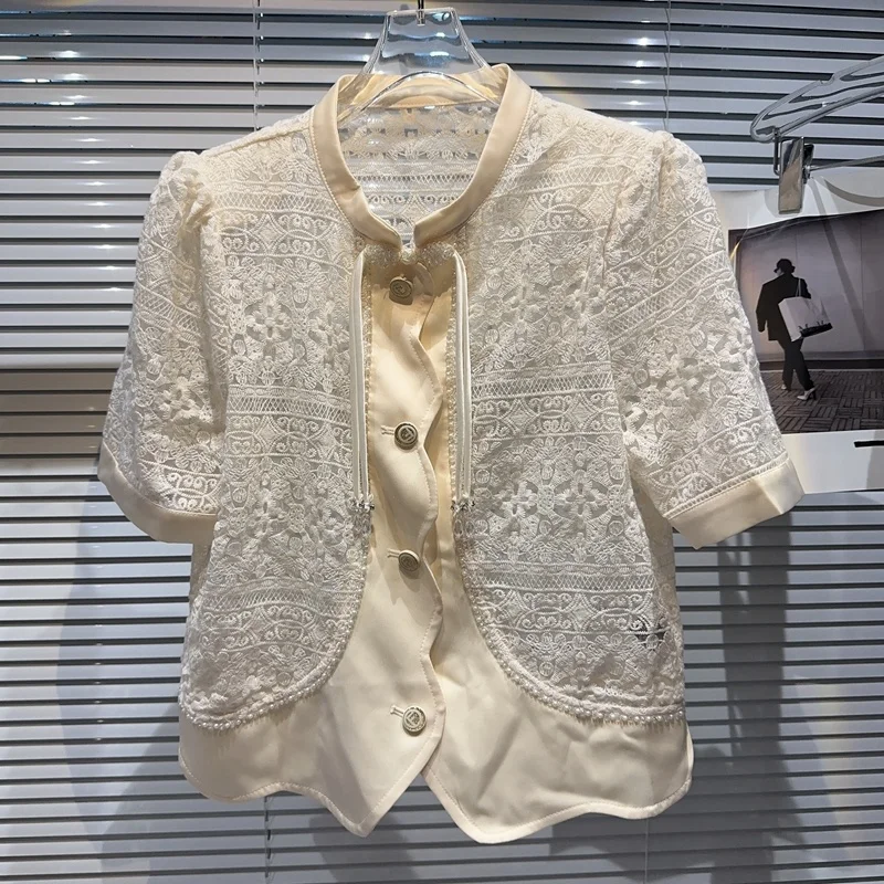 

Кружевное пальто BORVEMAYS с бисером, летняя новая тонкая однобортная Элегантная куртка с воротником-стойкой и коротким рукавом, модель WZ276