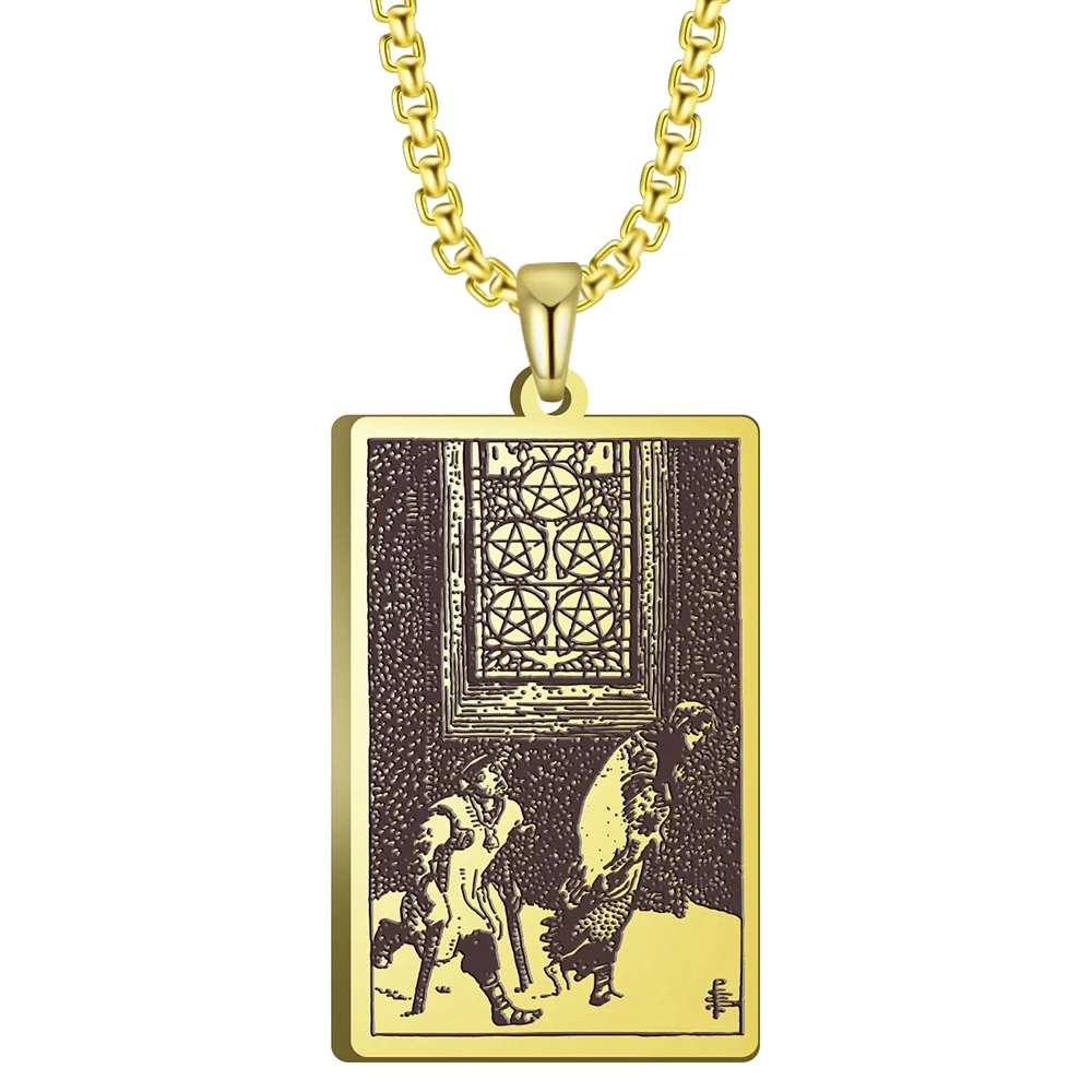 

3 Colors Black Color Gold Color Steel Color 24x40mm Tarot Five Of Pentacles Pendant Necklace With 60cm Box Chain