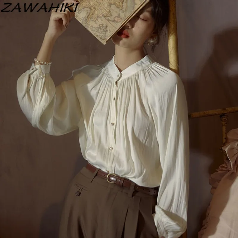 

Женская плиссированная рубашка, повседневная Однотонная рубашка во французском винтажном стиле с воротником-стойкой и длинными рукавами-фонариками, весна-осень